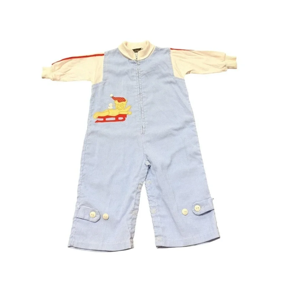 Vtg 80s Betti Terrell by Johnston 9-12M Bear Sled Blue‎ Corduroy Overall L/S